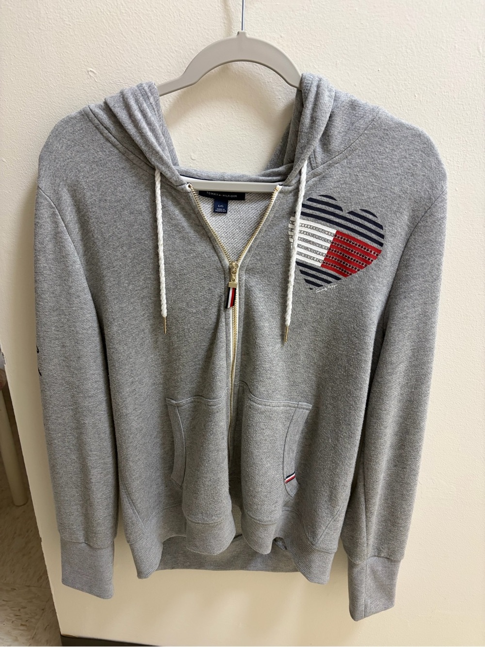 Tommy Hilfiger Gray Zip-Up Hoodie with Striped Heart Patch